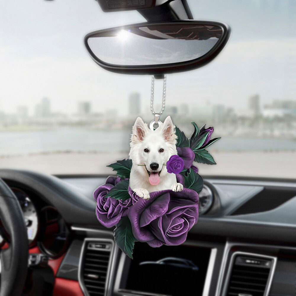 White German Shepherd In Purple Rose Car Hanging Ornament