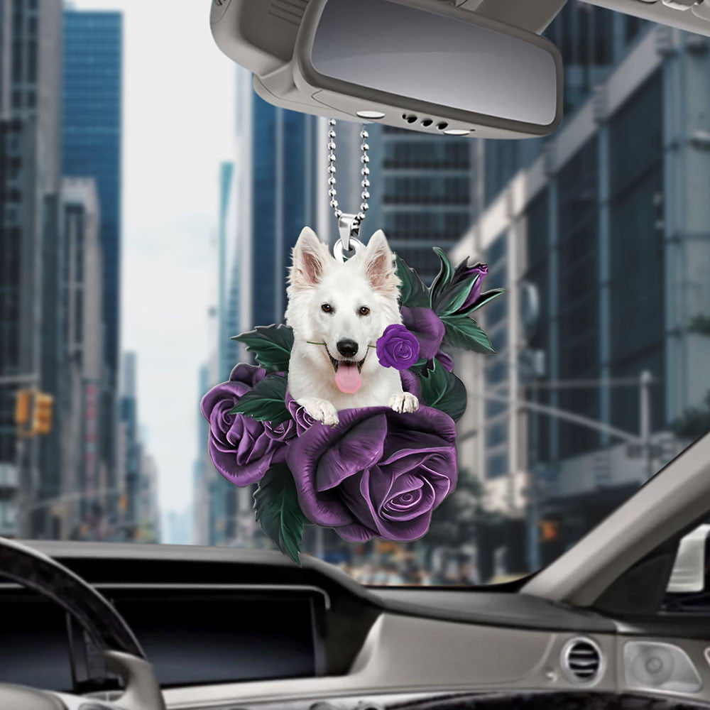 White German Shepherd In Purple Rose Car Hanging Ornament