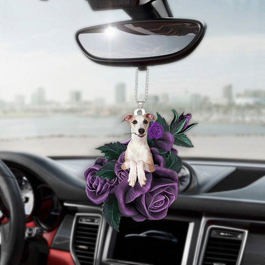 Whippet In Purple Rose Car Hanging Ornament