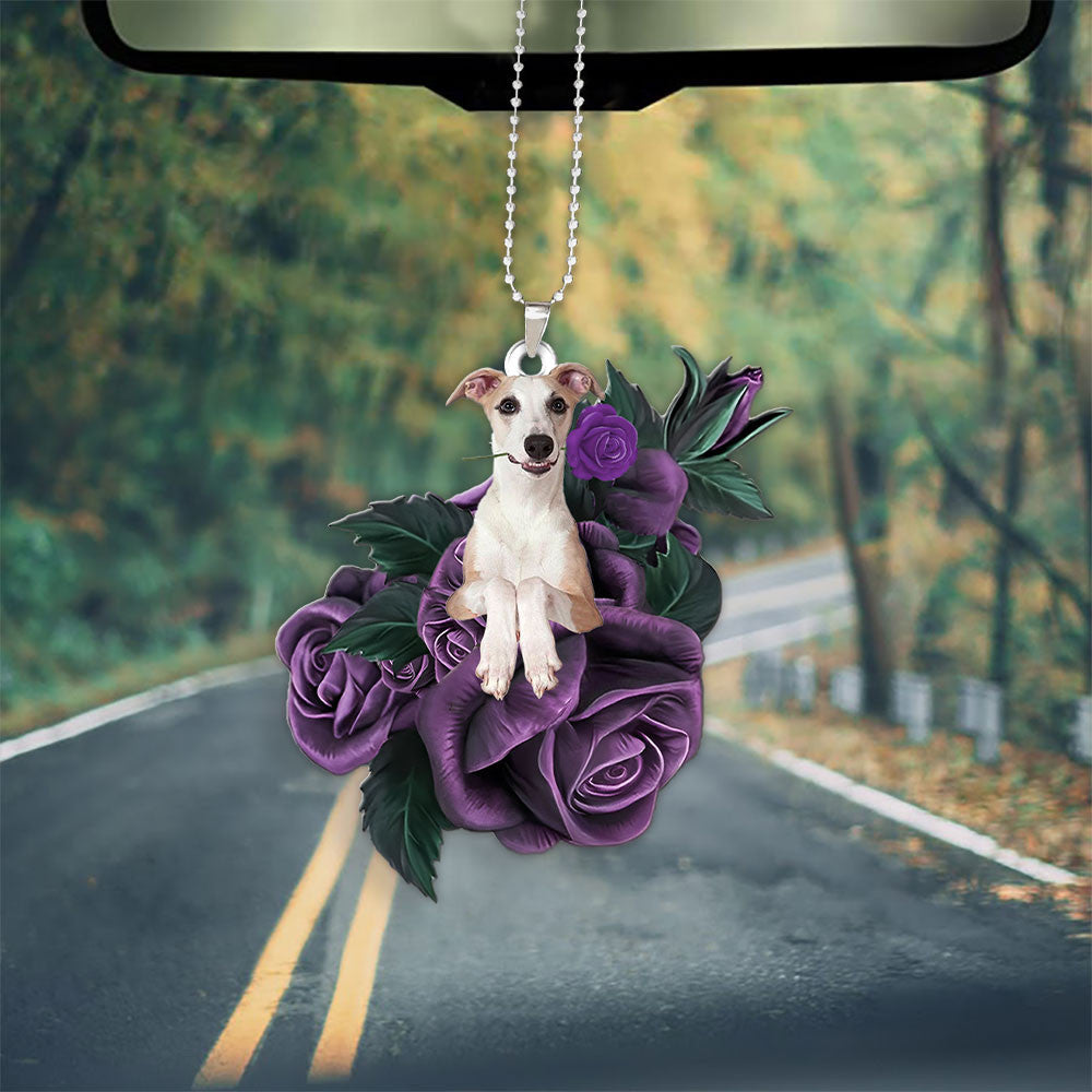 Whippet In Purple Rose Car Hanging Ornament