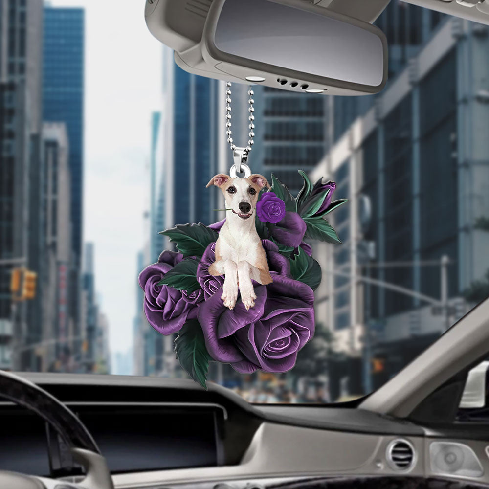 Whippet In Purple Rose Car Hanging Ornament