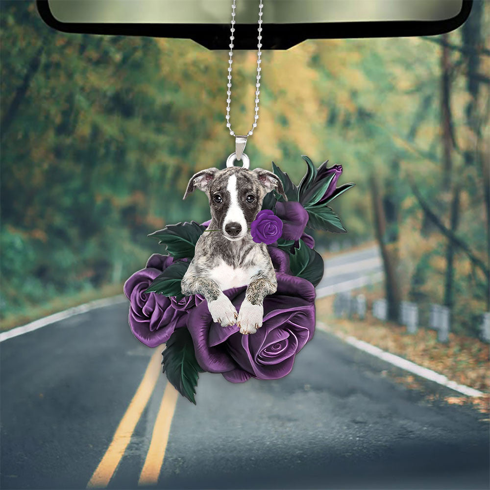 Whippet In Purple Rose Car Hanging Ornament