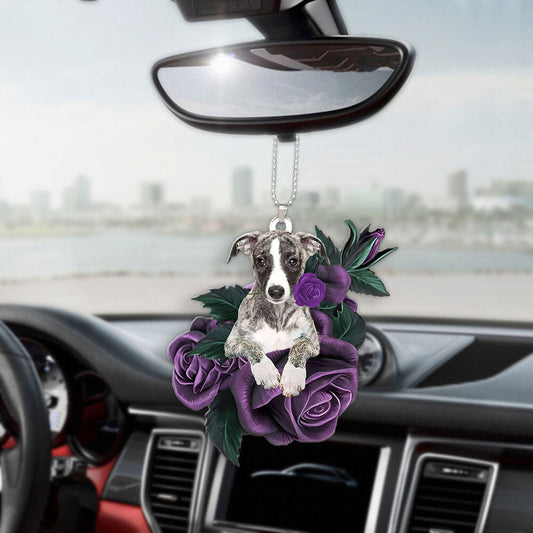 Whippet In Purple Rose Car Hanging Ornament