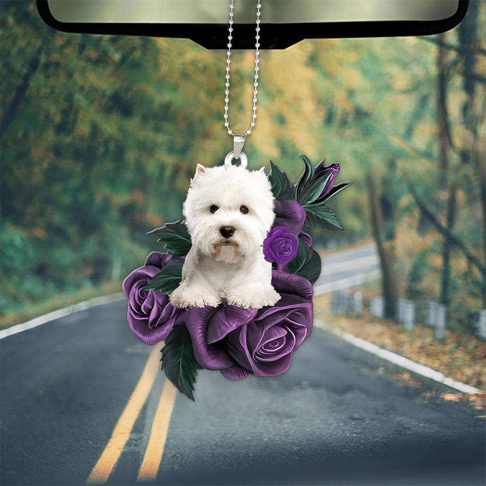 West Highland White Terrier Dog In Purple Rose Car Hanging Ornament