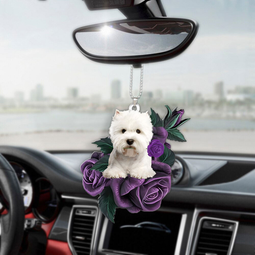 West Highland White Terrier Dog In Purple Rose Car Hanging Ornament