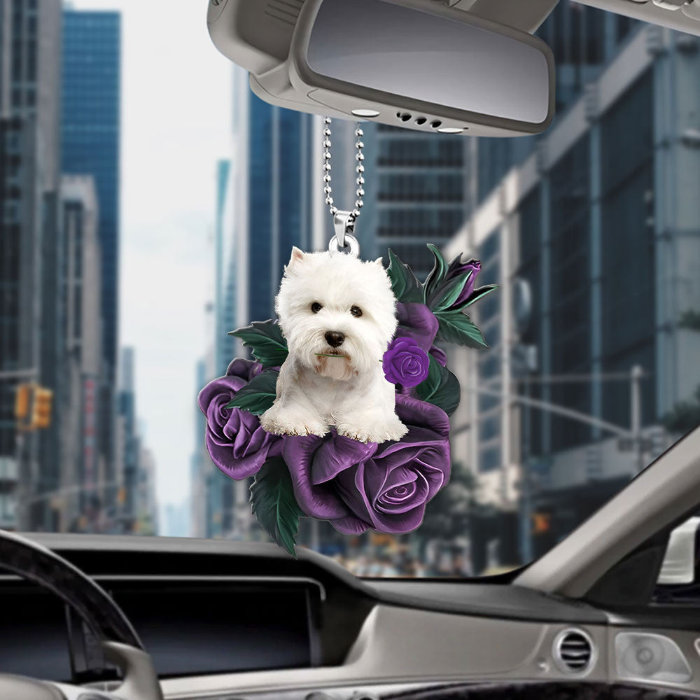 West Highland White Terrier Dog In Purple Rose Car Hanging Ornament