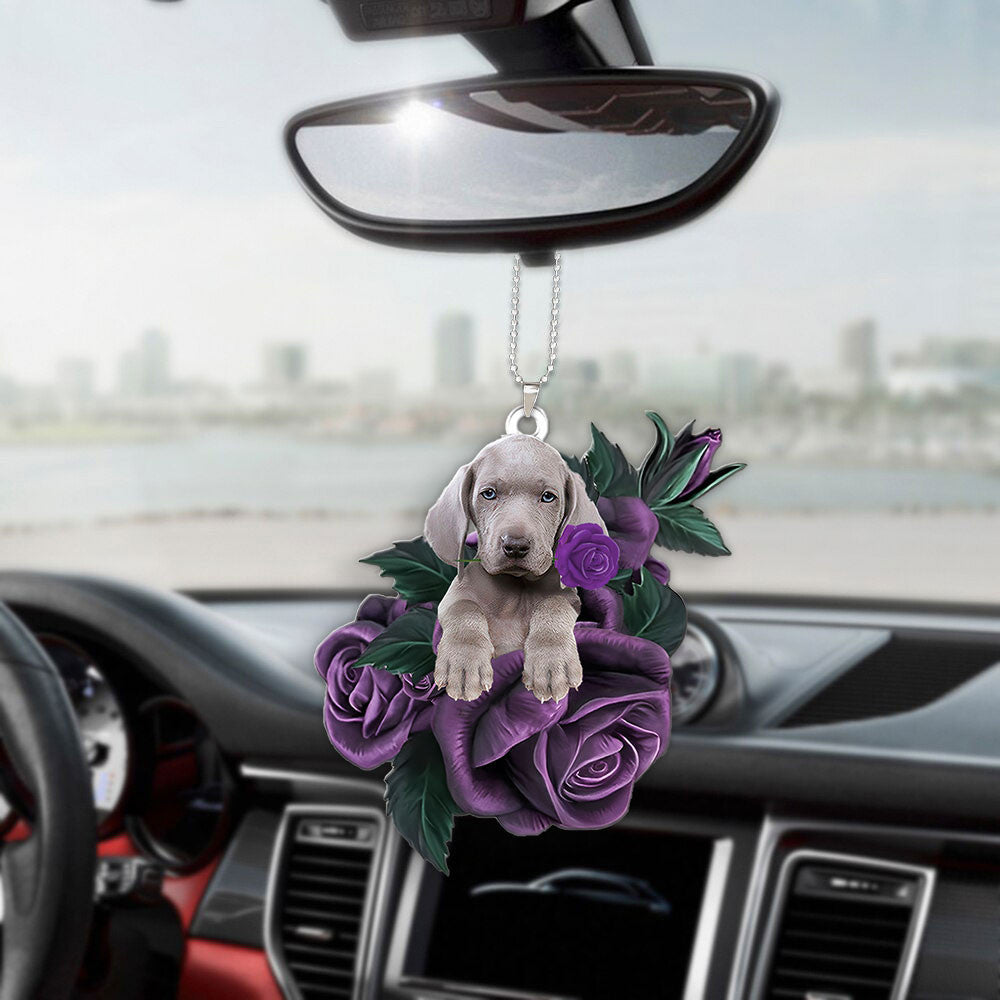 Weimaraner In Purple Rose Car Hanging Ornament