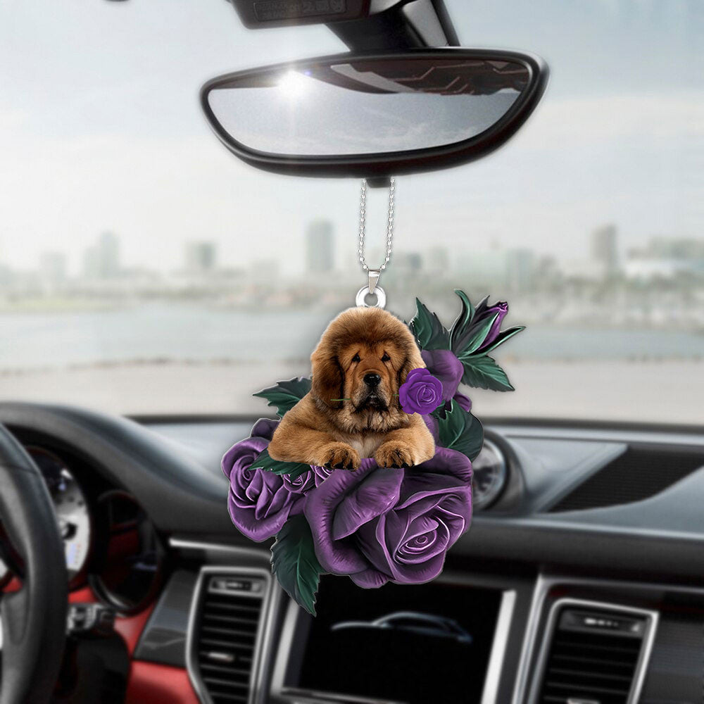Tibetan Mastiff In Purple Rose Car Hanging Ornament