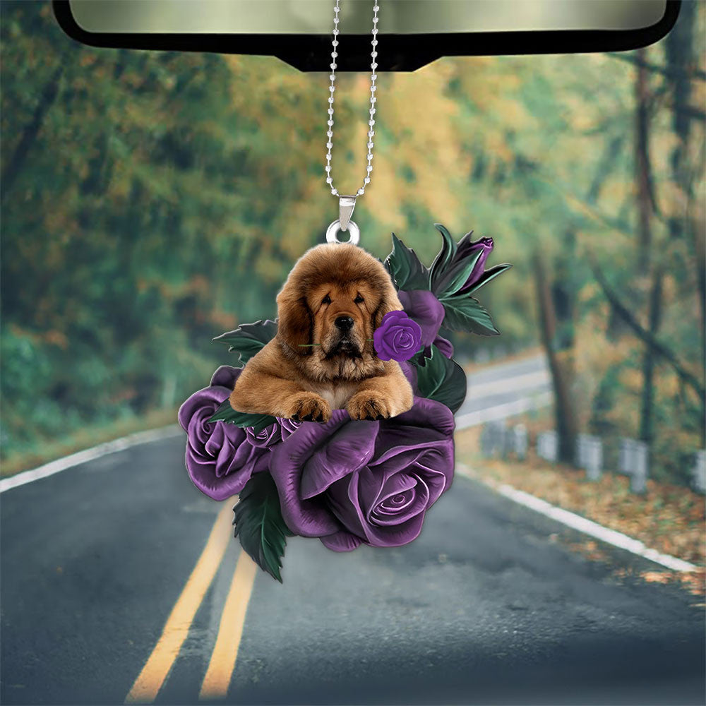 Tibetan Mastiff In Purple Rose Car Hanging Ornament