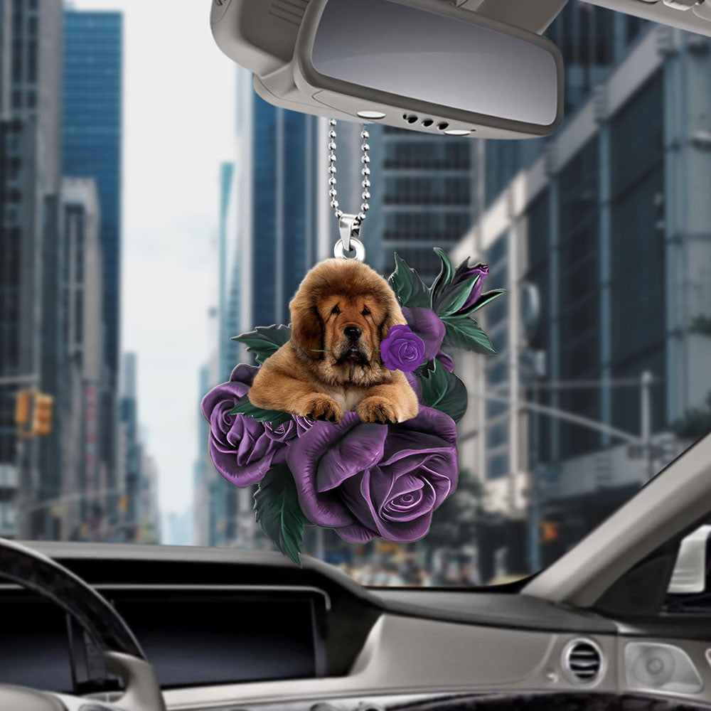 Tibetan Mastiff In Purple Rose Car Hanging Ornament