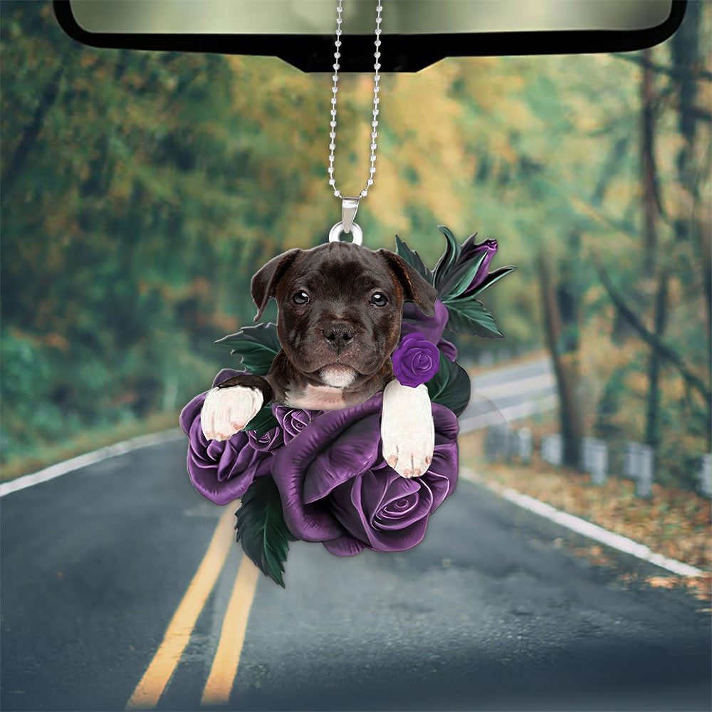Staffordshire Bull Terrier In Purple Rose Car Hanging Ornament