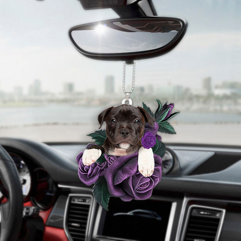 Staffordshire Bull Terrier In Purple Rose Car Hanging Ornament