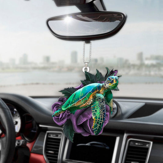 Sea Turtle On Purple Rose Car Hanging Ornament