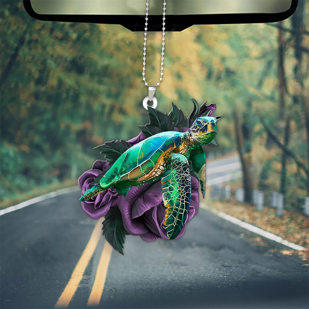 Sea Turtle On Purple Rose Car Hanging Ornament