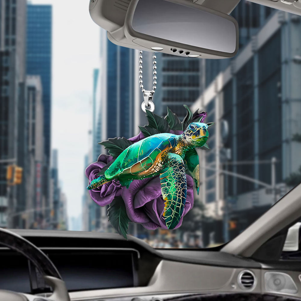 Sea Turtle On Purple Rose Car Hanging Ornament