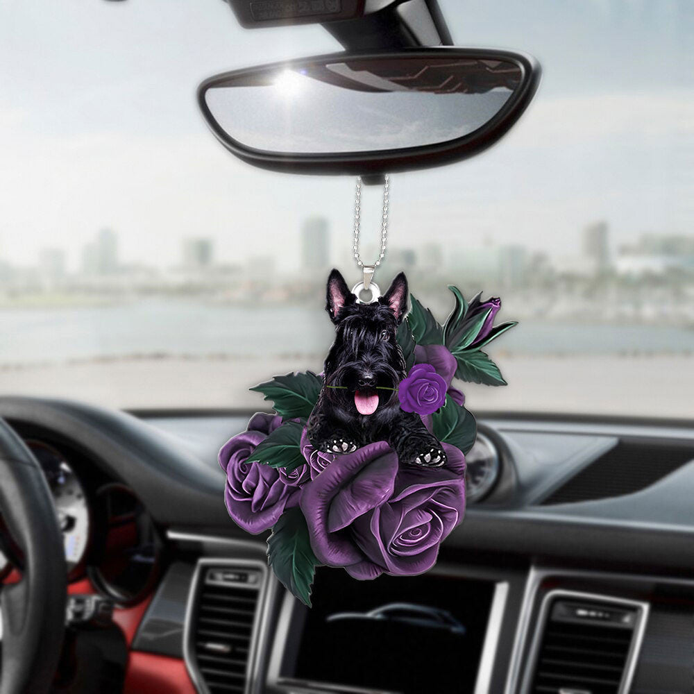 Scottish Terrier In Purple Rose Car Hanging Ornament