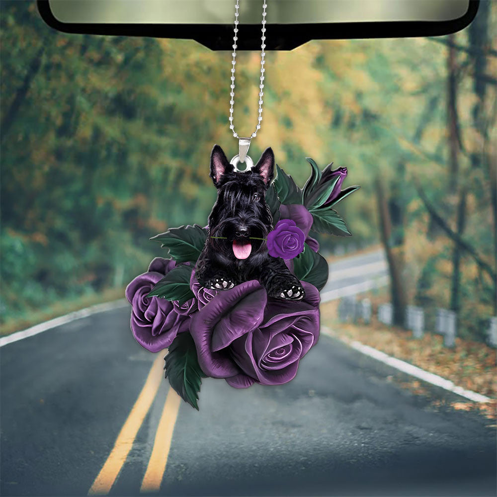 Scottish Terrier In Purple Rose Car Hanging Ornament