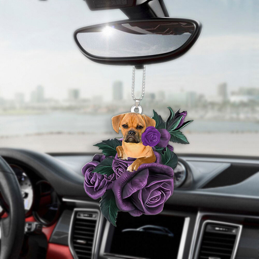 Puggle In Purple Rose Car Hanging Ornament