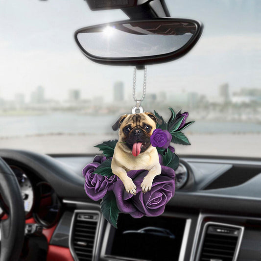 Pug In Purple Rose Car Hanging Ornament