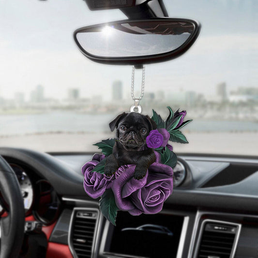 Pug In Purple Rose Car Hanging Ornament