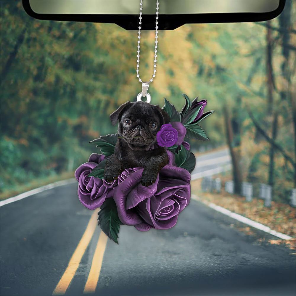 Pug In Purple Rose Car Hanging Ornament