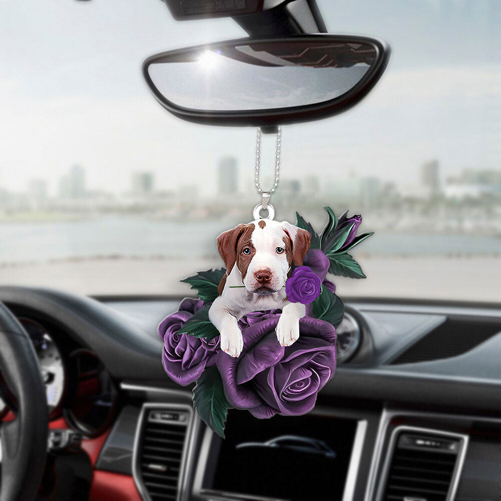 Pit Bull In Purple Rose Car Hanging Ornament