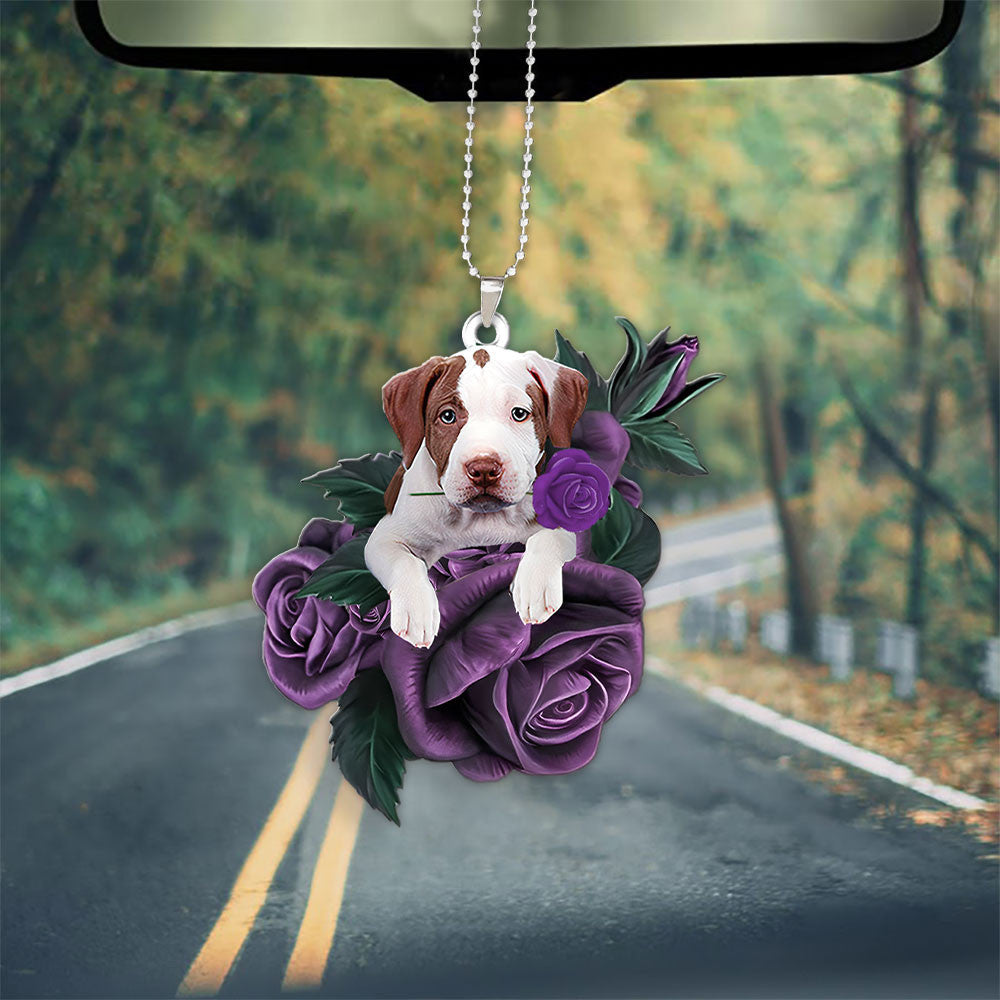 Pit Bull In Purple Rose Car Hanging Ornament