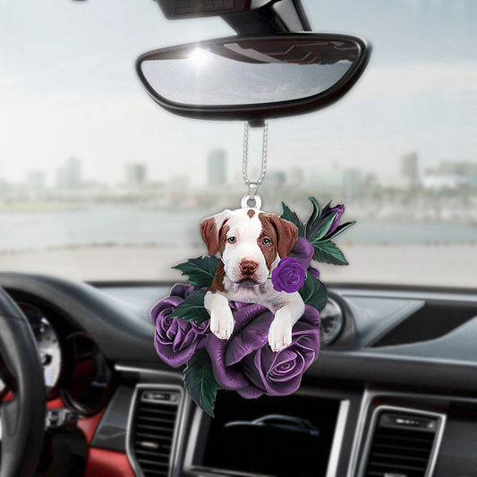 Pit Bull In Purple Rose Car Hanging Ornament