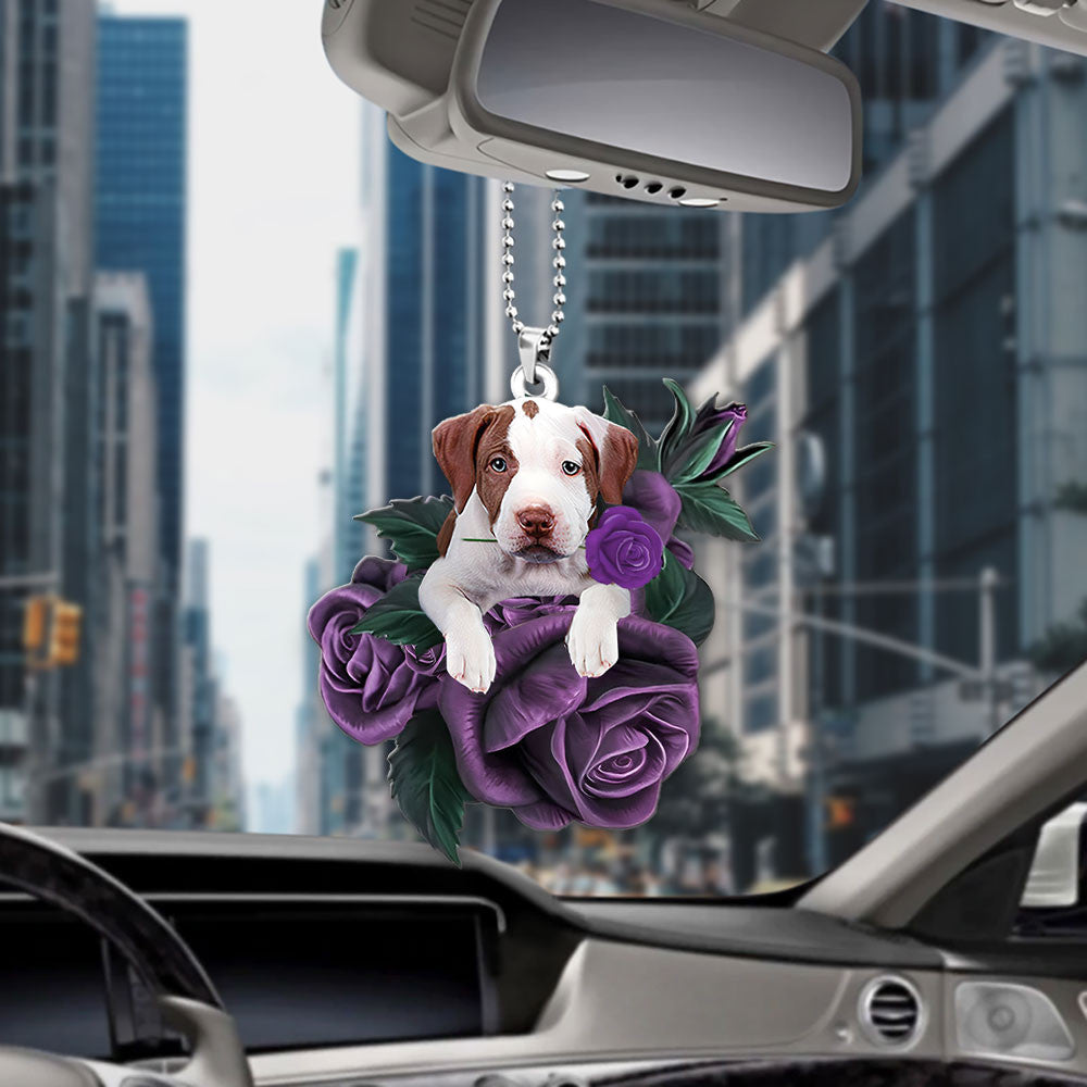 Pit Bull In Purple Rose Car Hanging Ornament