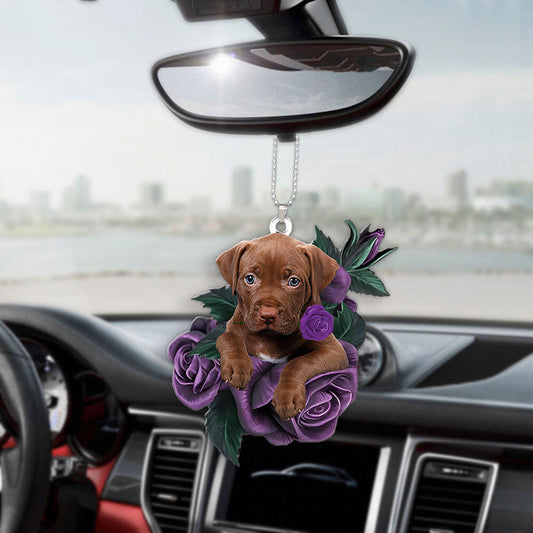 Pit Bull In Purple Rose Car Hanging Ornament