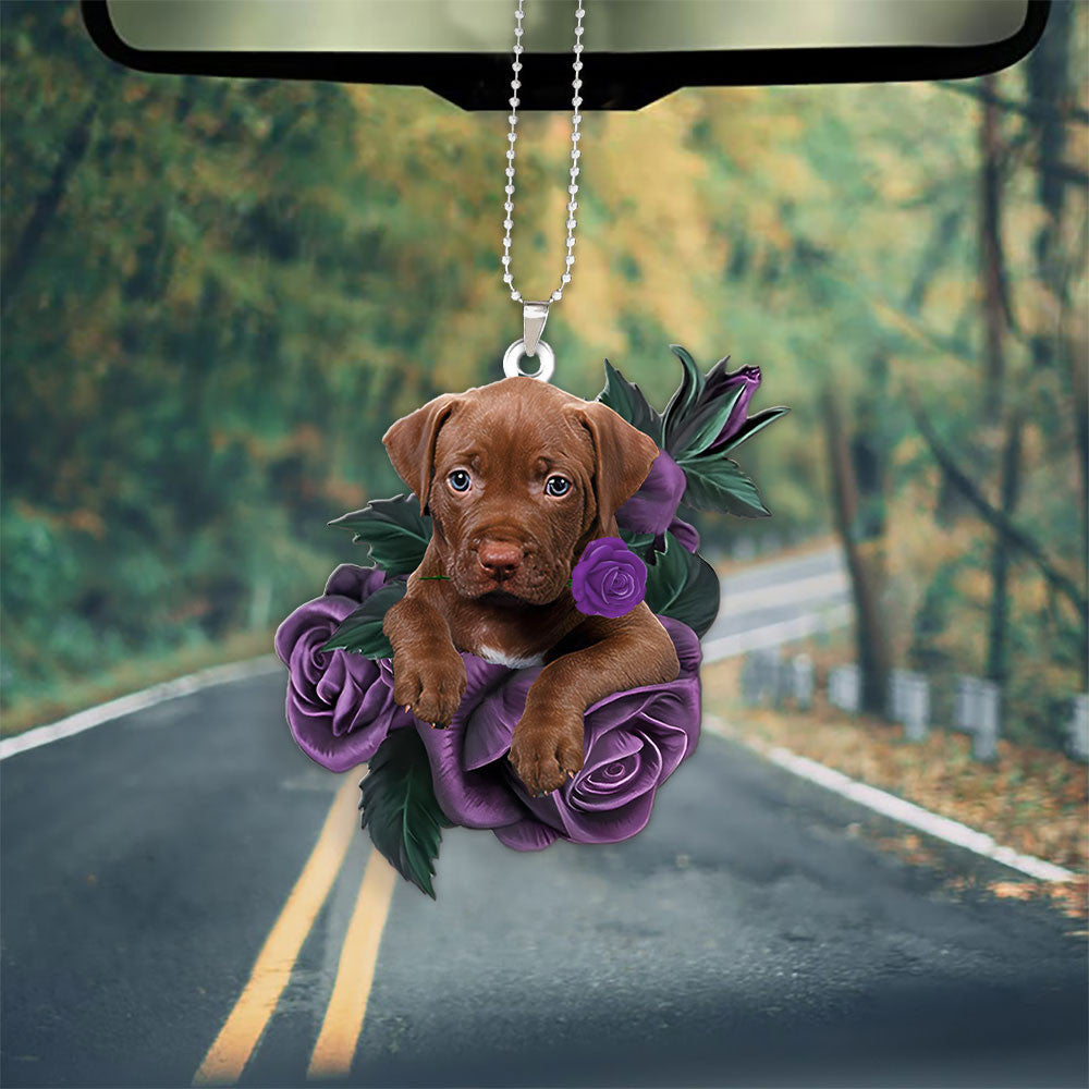 Pit Bull In Purple Rose Car Hanging Ornament