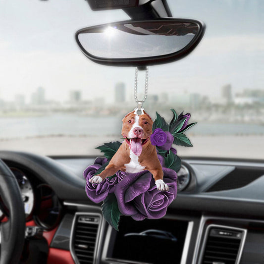 Pit Bull In Purple Rose Car Hanging Ornament