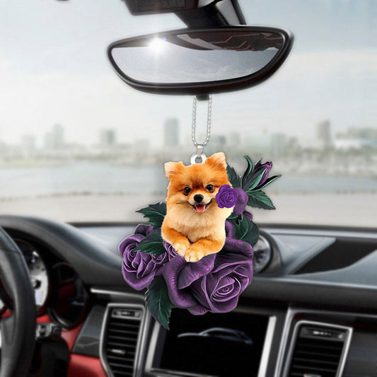 Pomeranian In Purple Rose Car Hanging Ornament