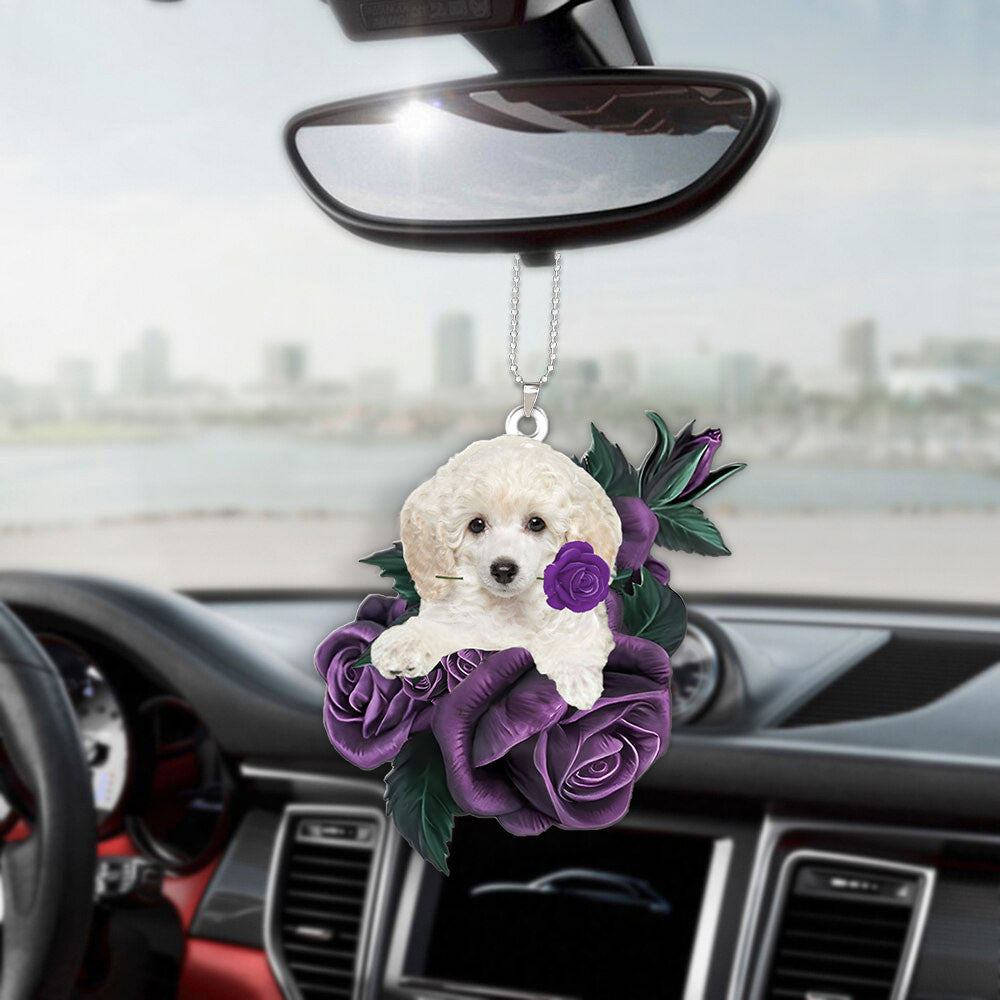 Poodle In Purple Rose Car Hanging Ornament