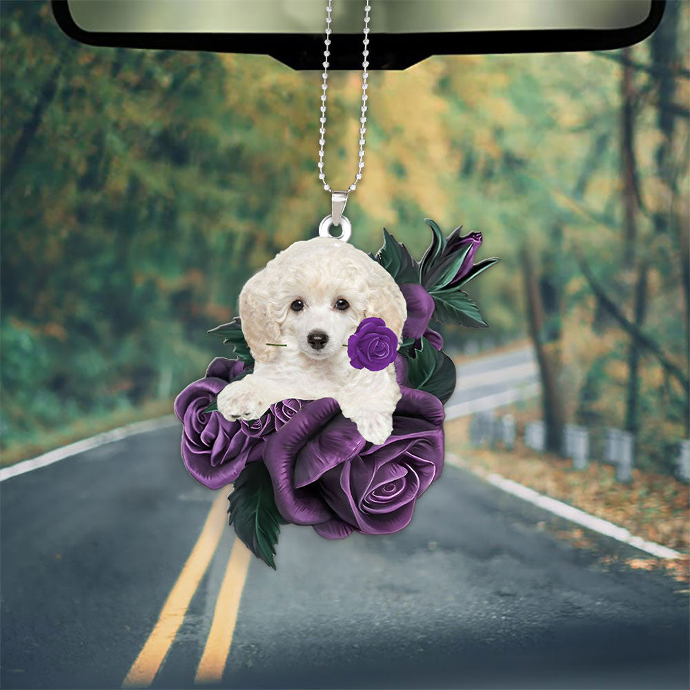 Poodle In Purple Rose Car Hanging Ornament