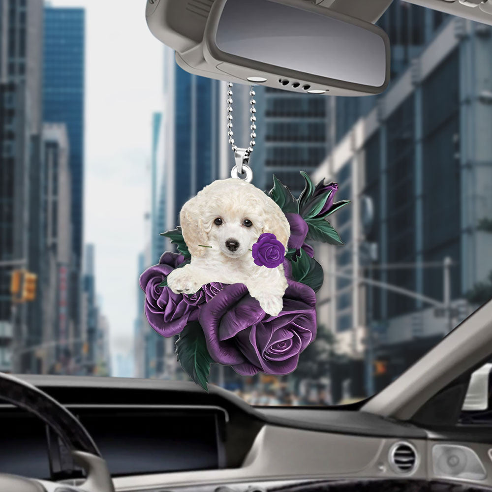 Poodle In Purple Rose Car Hanging Ornament