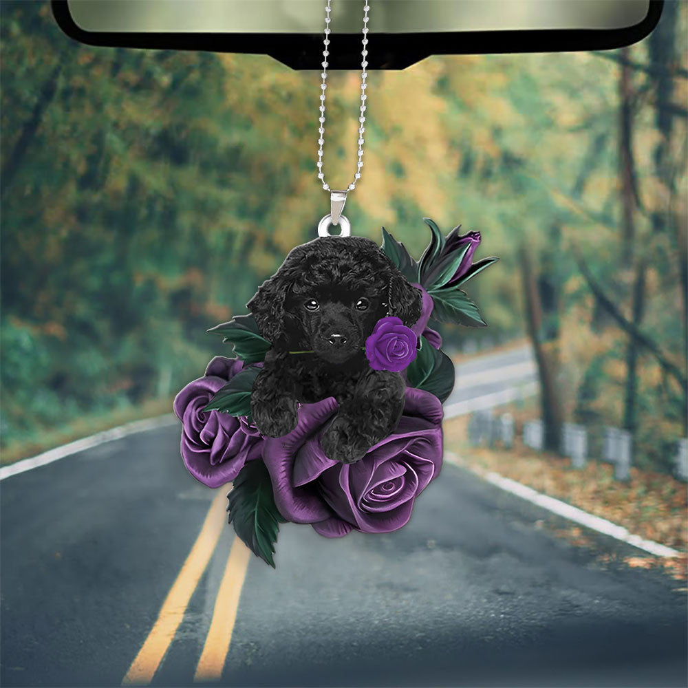 Poodle In Purple Rose Car Hanging Ornament