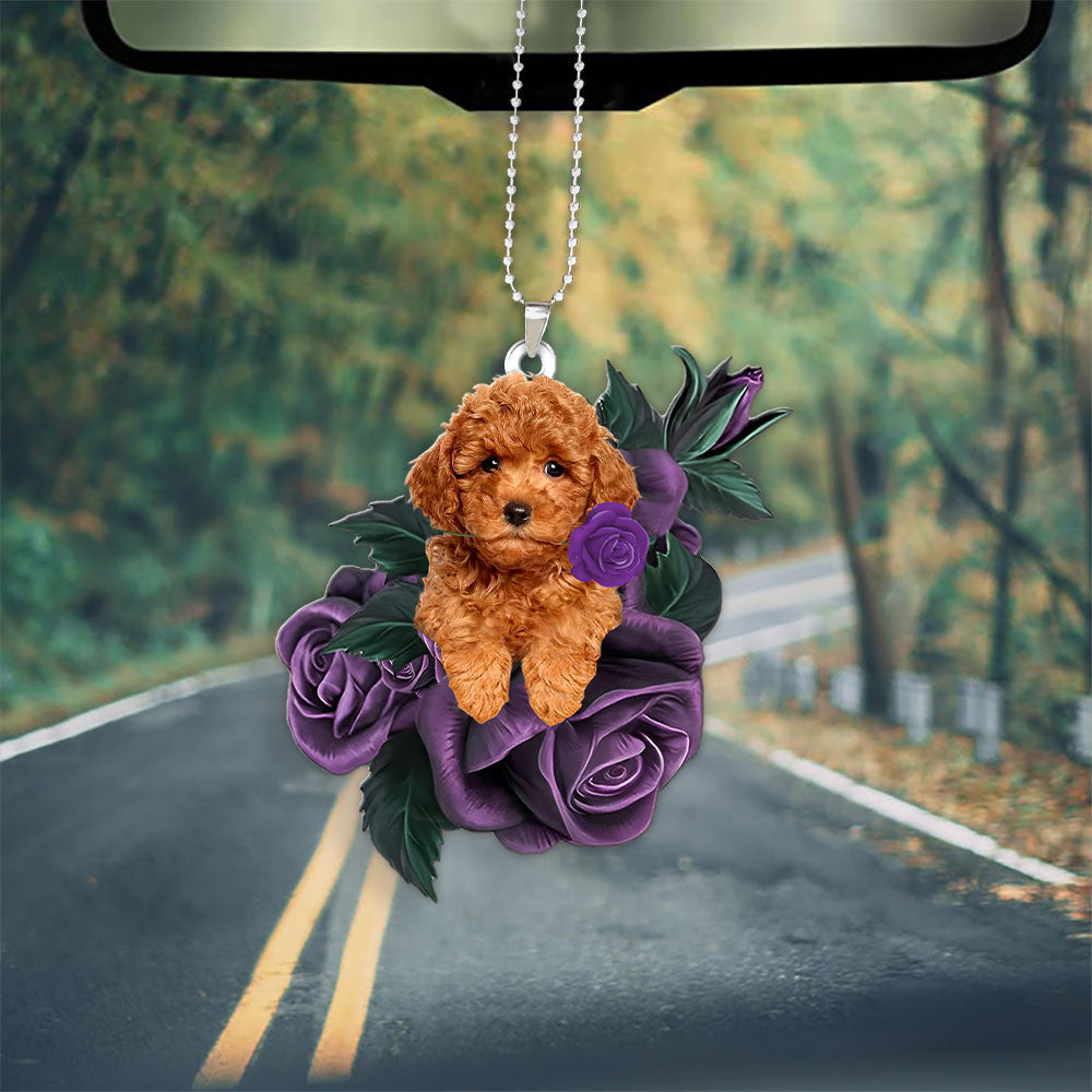 Poodle In Purple Rose Car Hanging Ornament