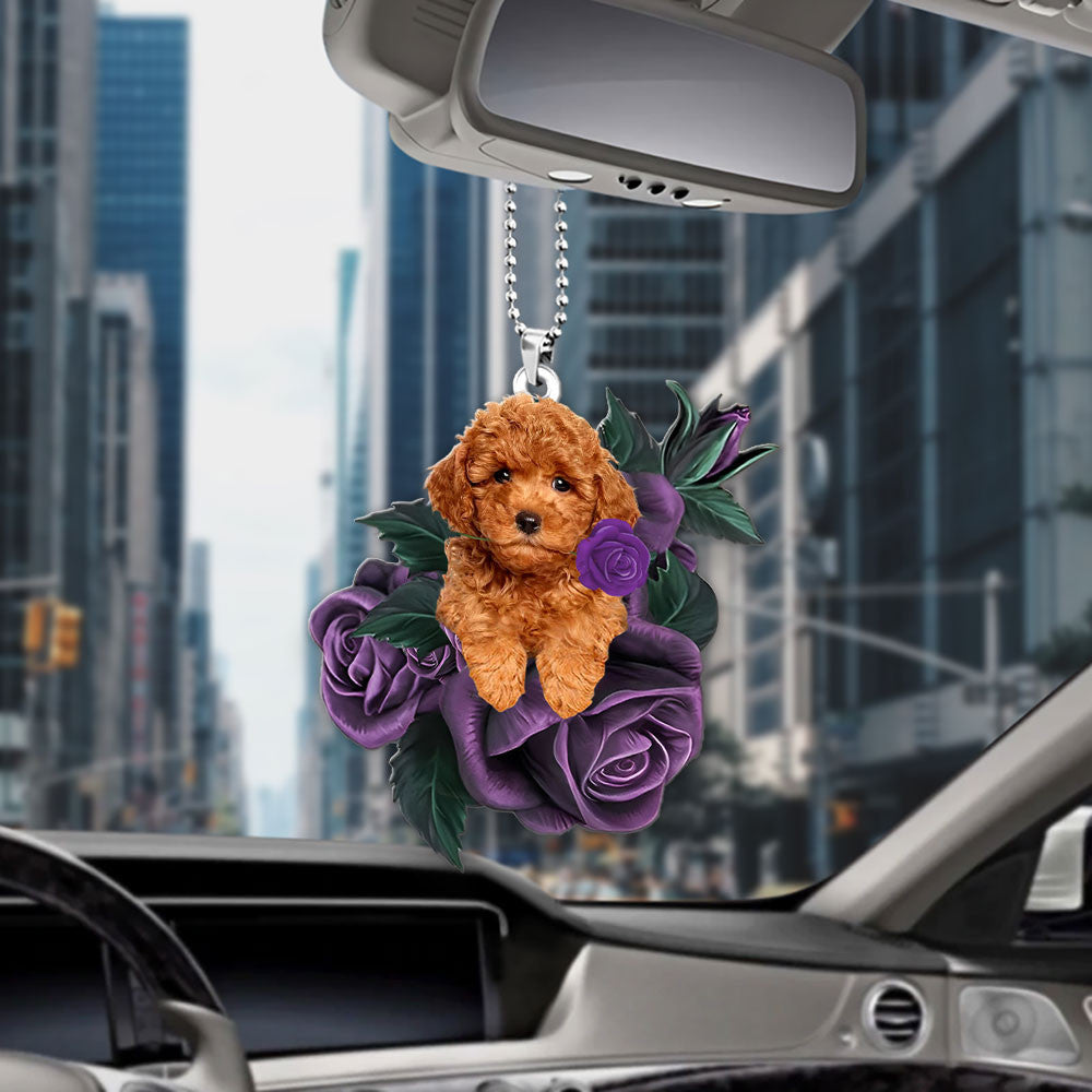 Poodle In Purple Rose Car Hanging Ornament