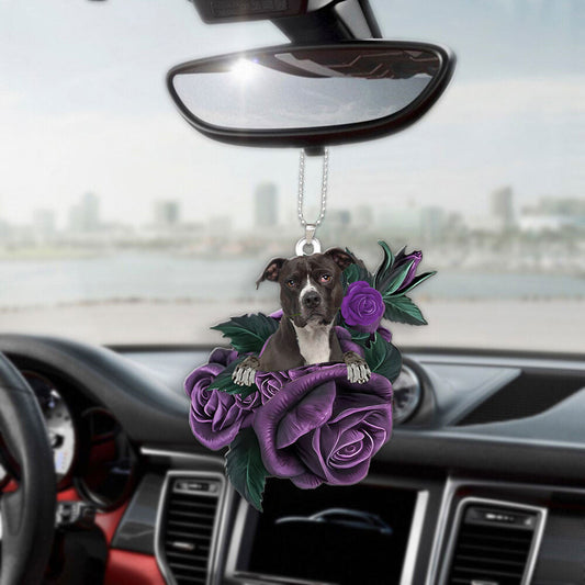 Pit Bull In Purple Rose Car Hanging Ornament