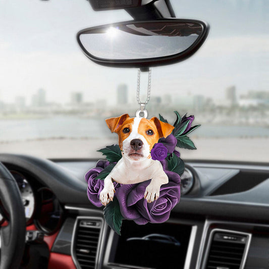 Jack Russell Terrier In Purple Rose Car Hanging Ornament