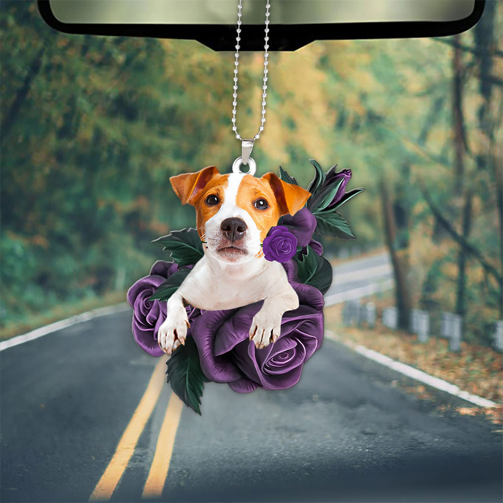 Jack Russell Terrier In Purple Rose Car Hanging Ornament