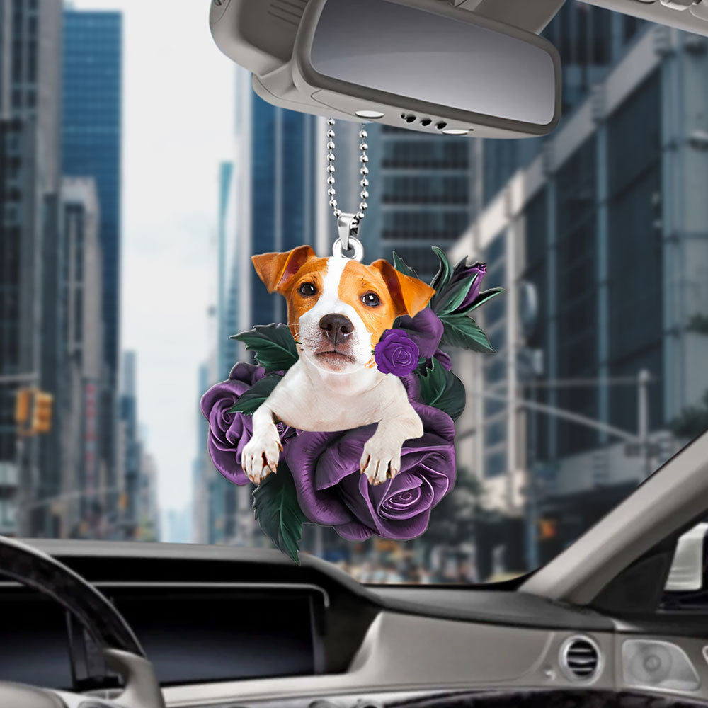 Jack Russell Terrier In Purple Rose Car Hanging Ornament