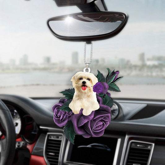 Maltese In Purple Rose Car Hanging Ornament