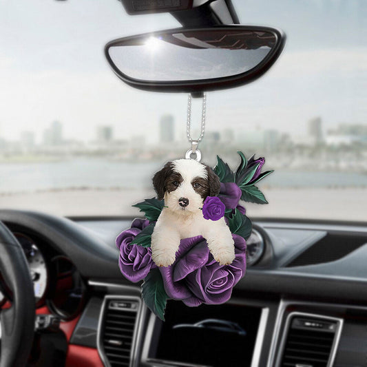 Old English Sheepdog In Purple Rose Car Hanging Ornament