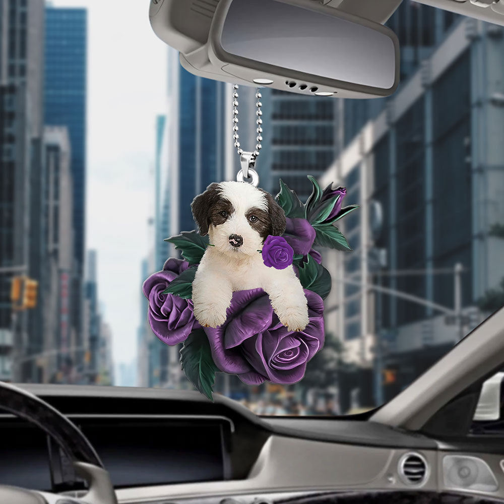 Old English Sheepdog In Purple Rose Car Hanging Ornament