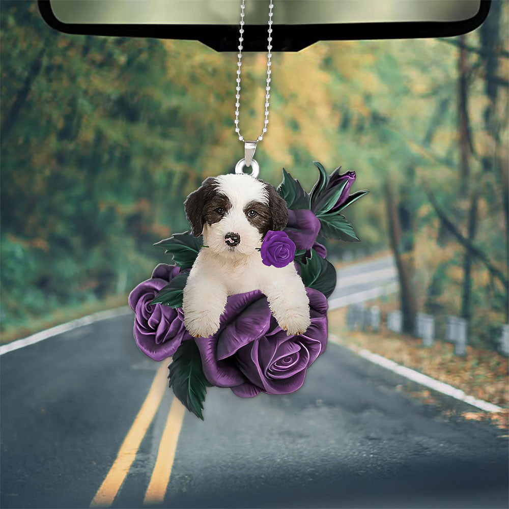 Old English Sheepdog In Purple Rose Car Hanging Ornament