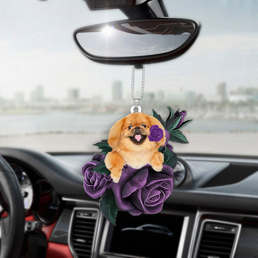 Pekingese In Purple Rose Car Hanging Ornament