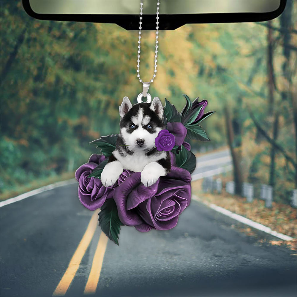 Husky In Purple Rose Car Hanging Ornament