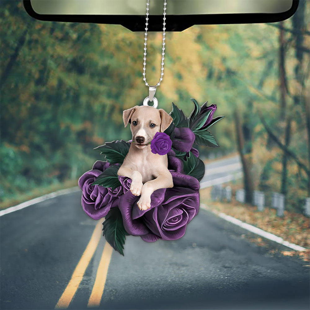 Greyhound In Purple Rose Car Hanging Ornament